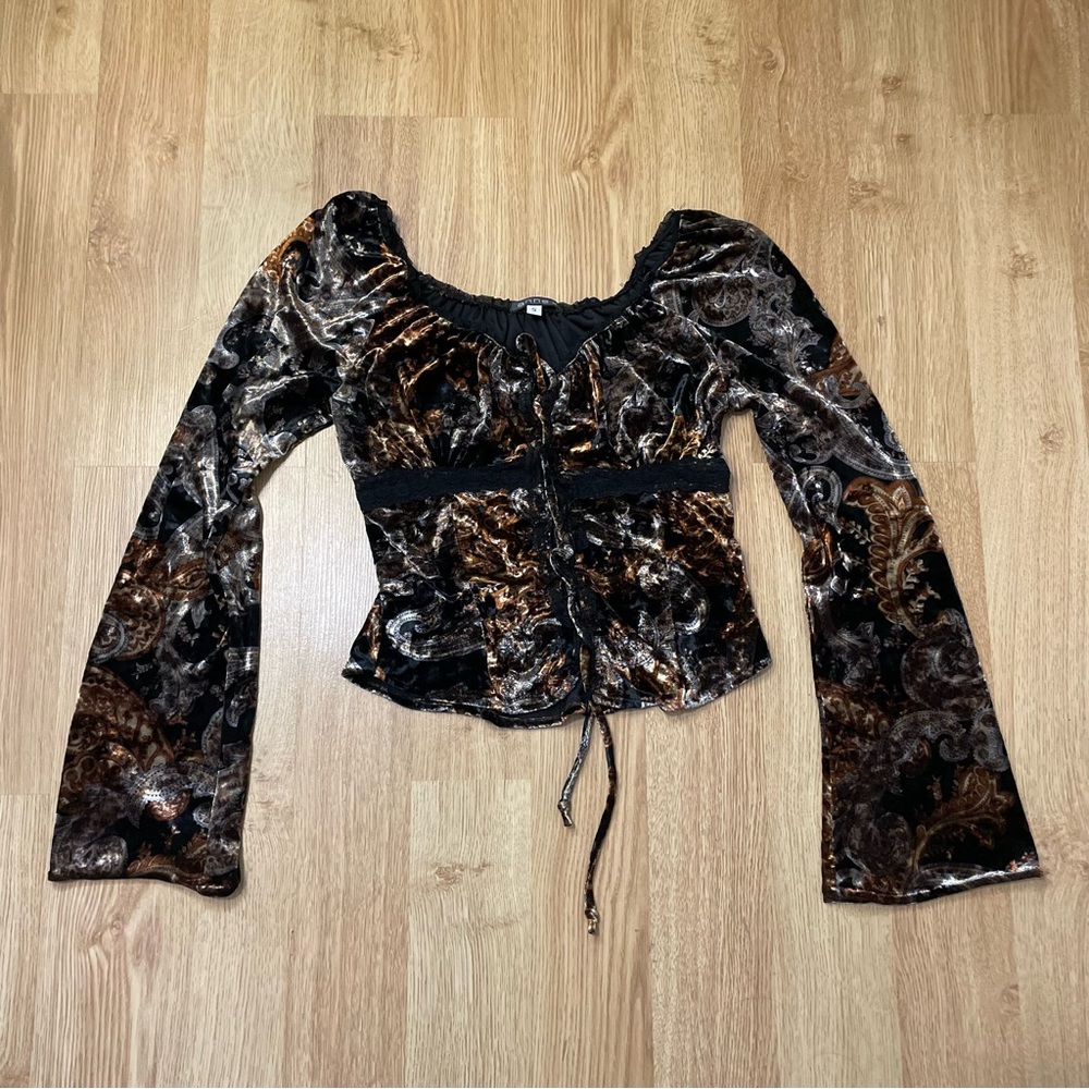 Vintage Y2K Floral Velvet Lace Up Tie Front Flare Cuffs Sleeves Brown Goth Small